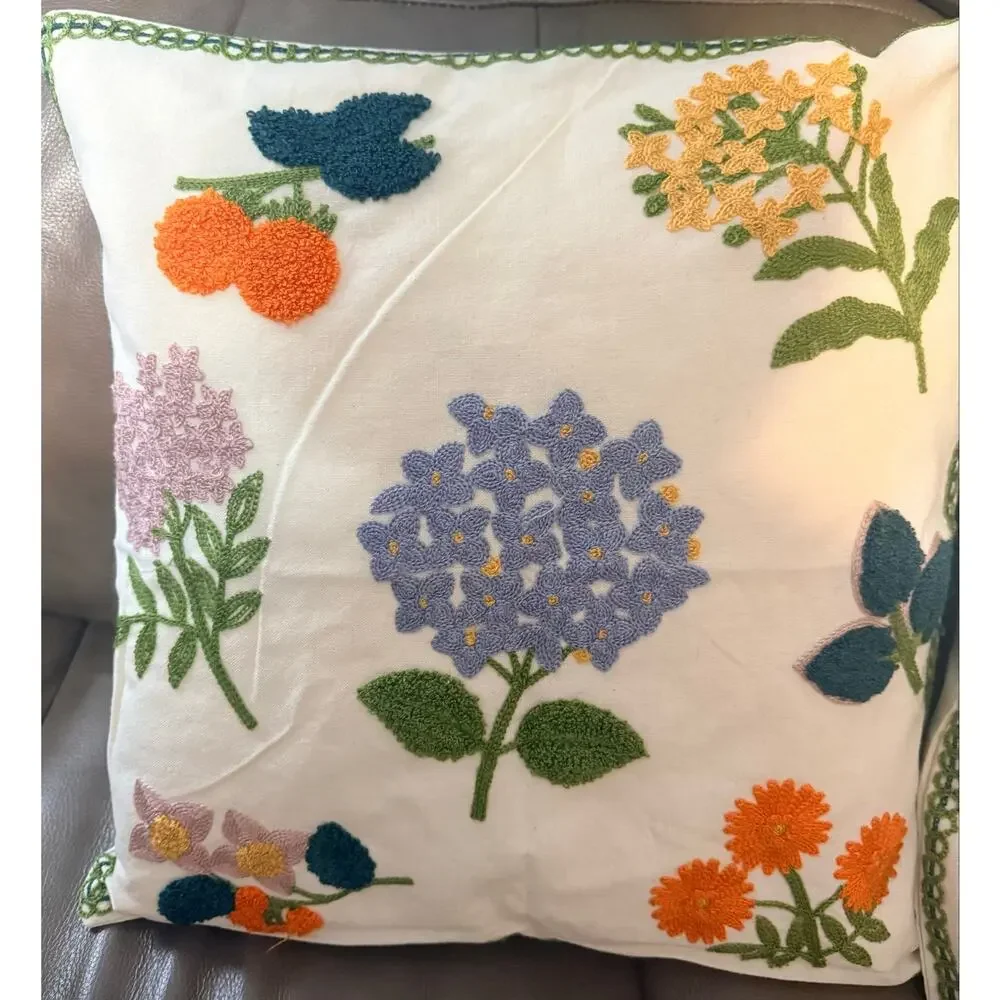 Two colorful flowers embroidered cushion pillows, inserts w/ insert protectors